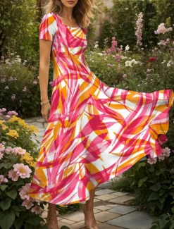 Online Women's Maxi Dress Casual Dress A Line Dress Summer Dress Vacation Vintage Ethnic Regular Fit Graphic Leaf Geometric Short Sleeve Square Neck Yellow Red Blue Purple Summer Spring Women Vacation Dresses