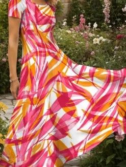 Online Women's Maxi Dress Casual Dress A Line Dress Summer Dress Vacation Vintage Ethnic Regular Fit Graphic Leaf Geometric Short Sleeve Square Neck Yellow Red Blue Purple Summer Spring Women Vacation Dresses