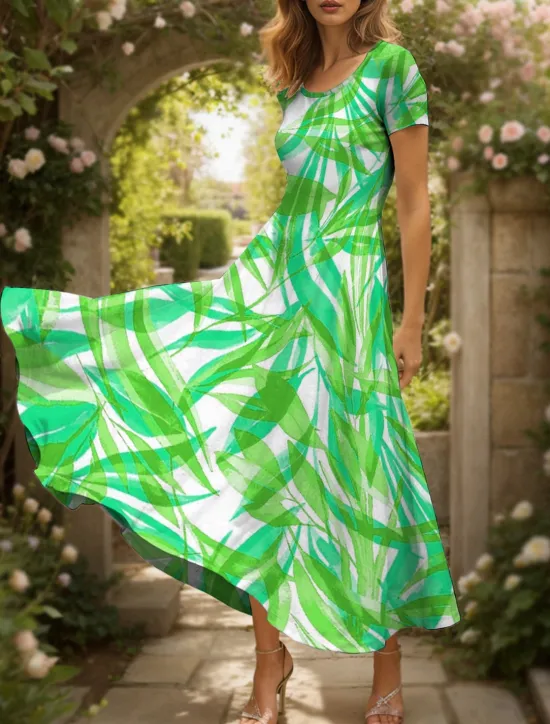 Online Women's Maxi Dress Casual Dress A Line Dress Summer Dress Vacation Vintage Ethnic Regular Fit Graphic Leaf Geometric Short Sleeve Square Neck Yellow Red Blue Purple Summer Spring Women Vacation Dresses