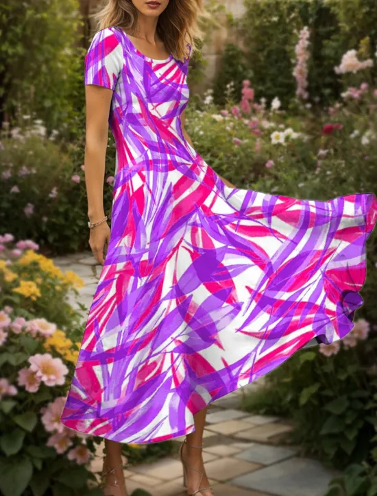 Online Women's Maxi Dress Casual Dress A Line Dress Summer Dress Vacation Vintage Ethnic Regular Fit Graphic Leaf Geometric Short Sleeve Square Neck Yellow Red Blue Purple Summer Spring Women Vacation Dresses
