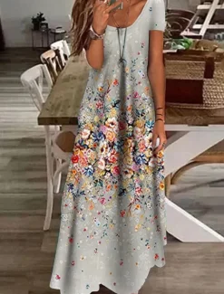 Clearance Women's Maxi Dress Casual Dress Shift Dress Elegant Vacation Casual Outdoor Daily Regular Fit Floral Short Sleeve V Neck Green Gray Summer Spring Women Spring Dresses|Casual Dress