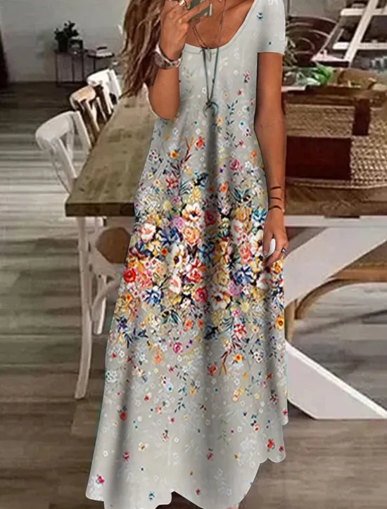 Clearance Women's Maxi Dress Casual Dress Shift Dress Elegant Vacation Casual Outdoor Daily Regular Fit Floral Short Sleeve V Neck Green Gray Summer Spring Women Spring Dresses|Casual Dress