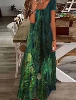 Clearance Women's Maxi Dress Casual Dress Shift Dress Elegant Vacation Casual Outdoor Daily Regular Fit Floral Short Sleeve V Neck Green Gray Summer Spring Women Spring Dresses|Casual Dress