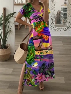 Online Women's Maxi Dress Casual Dress T Shirt Dress Tee Dress Sundress Hawaiian Drop Shoulder Date Regular Fit Short Sleeve Crew Neck Yellow Purple Summer Women Spring Dresses|T Shirt Dresses