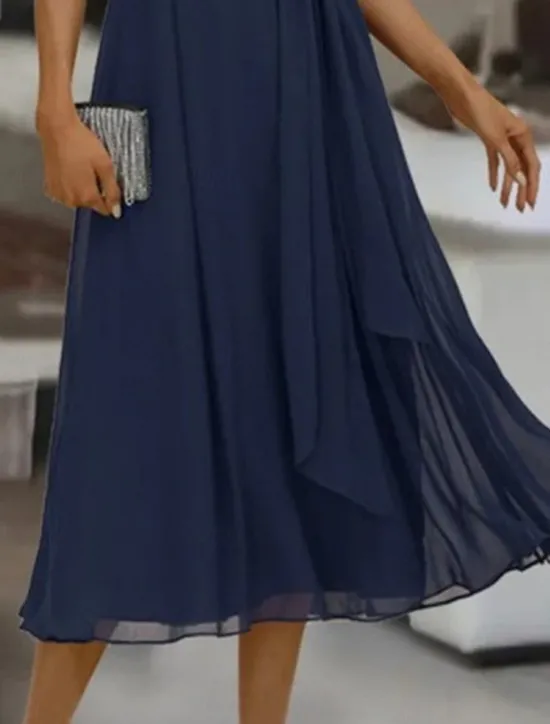 Online Women's Maxi Dress Cocktail Dress Wedding Guest Dress Chiffon Dress Plain Dress Elegant Formal Wedding Guest Cocktail Party Regular Fit Short Sleeve V Neck Summer Women Cocktail Dress