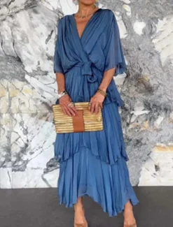 Outlet Women's Maxi Dress Cocktail Dress Wedding Guest Dress Chiffon Dress Plain Dress Elegant Formal Party Wedding Guest Regular Fit Half Sleeve V Neck Pink Navy Blue Blue Fuchsia Summer Fall Women Cocktail Dress