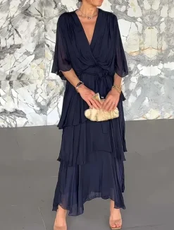 Outlet Women's Maxi Dress Cocktail Dress Wedding Guest Dress Chiffon Dress Plain Dress Elegant Formal Party Wedding Guest Regular Fit Half Sleeve V Neck Pink Navy Blue Blue Fuchsia Summer Fall Women Cocktail Dress