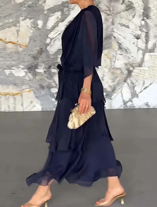 Outlet Women's Maxi Dress Cocktail Dress Wedding Guest Dress Chiffon Dress Plain Dress Elegant Formal Party Wedding Guest Regular Fit Half Sleeve V Neck Pink Navy Blue Blue Fuchsia Summer Fall Women Cocktail Dress