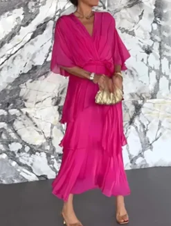 Outlet Women's Maxi Dress Cocktail Dress Wedding Guest Dress Chiffon Dress Plain Dress Elegant Formal Party Wedding Guest Regular Fit Half Sleeve V Neck Pink Navy Blue Blue Fuchsia Summer Fall Women Cocktail Dress