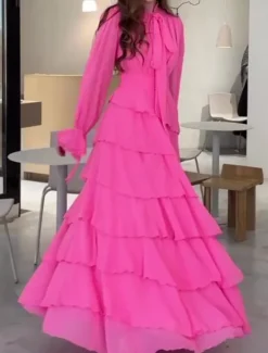Women's Maxi Dress Cocktail Dress Wedding Guest Dress Chiffon Dress Laye Dress Basic Casual Vacation Daily Regular Fit Plain Long Sleeve Turtleneck Spring Fall Women Cocktail Dress