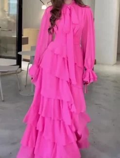 Women's Maxi Dress Cocktail Dress Wedding Guest Dress Chiffon Dress Laye Dress Basic Casual Vacation Daily Regular Fit Plain Long Sleeve Turtleneck Spring Fall Women Cocktail Dress