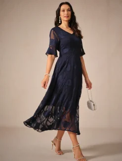 Outlet Women's Maxi Dress Cocktail Dress Wedding Guest Dress Semi Formal Dress A Line Dress Elegant Work Birthday Flutter Sleeve Wedding Guest Cocktail Party Formal Evening Regular Fit Solid Color Plain Women Cocktail Dress