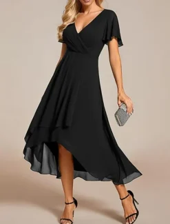 Hot Women's Maxi Dress Cocktail Dress Wedding Guest Dress Chiffon Dress A Line Dress Elegant Formal Work Cocktail Party Regular Fit Short Sleeve V Neck Black White Pink Royal Blue Summer Women Cocktail Dress