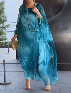 Hot Women's Maxi Dress Cocktail Dress Wedding Guest Dress Chiffon Dress Elegant Casual Vacation Daily Date Loose Fit Ombre Long Sleeve Crew Neck Light Yellow Blue Gray Spring Fall Women Cocktail Dress