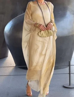 Hot Women's Maxi Dress Cocktail Dress Wedding Guest Dress Chiffon Dress Elegant Casual Vacation Daily Date Loose Fit Ombre Long Sleeve Crew Neck Light Yellow Blue Gray Spring Fall Women Cocktail Dress