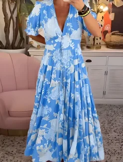 Discount Women's Maxi Dress Corset Dress A Line Dress Summer Dress Stylish Casual Vacation Daily Regular Fit Floral Short Sleeve V Neck Red Sky Blue Green Summer Women Vacation Dresses