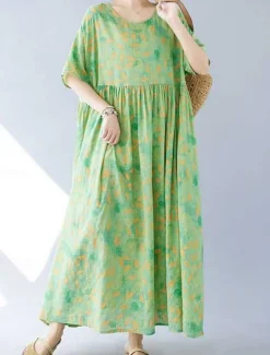 Online Women's Maxi Dress Cotton Linen Dresses Casual Dress Swing Dress Cotton Maxi Dress Basic Casual Vacation Daily Regular Fit Floral Short Sleeve Crew Neck Summer Women Dresses|Spring Dresses