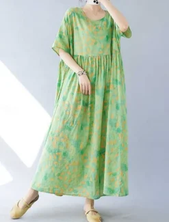 Online Women's Maxi Dress Cotton Linen Dresses Casual Dress Swing Dress Cotton Maxi Dress Basic Casual Vacation Daily Regular Fit Floral Short Sleeve Crew Neck Summer Women Dresses|Spring Dresses