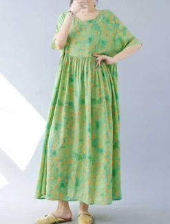 Online Women's Maxi Dress Cotton Linen Dresses Casual Dress Swing Dress Cotton Maxi Dress Basic Casual Vacation Daily Regular Fit Floral Short Sleeve Crew Neck Summer Women Dresses|Spring Dresses