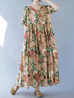 Sale Women's Maxi Dress Cotton Linen Dresses Vintage Dress Swing Dress Cotton Maxi Dress Basic Casual Vacation Daily Regular Fit Floral Short Sleeve Crew Neck Summer Women Spring Dresses