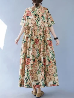 Sale Women's Maxi Dress Cotton Linen Dresses Vintage Dress Swing Dress Cotton Maxi Dress Basic Casual Vacation Daily Regular Fit Floral Short Sleeve Crew Neck Summer Women Spring Dresses