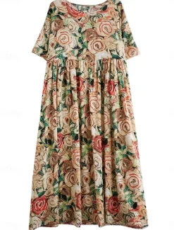 Sale Women's Maxi Dress Cotton Linen Dresses Vintage Dress Swing Dress Cotton Maxi Dress Basic Casual Vacation Daily Regular Fit Floral Short Sleeve Crew Neck Summer Women Spring Dresses