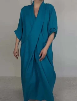 Hot Women's Maxi Dress Cotton Linen Dresses Cotton Linen Dress Stylish Basic Casual Vacation Daily Regular Fit Plain Long Sleeve V Neck White Spring Fall Women Dresses