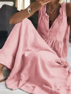 Discount Women's Maxi Dress Cotton Linen Dresses Basic Casual Vacation Daily Regular Fit Plain Sleeveless V Neck Pink Light Blue Summer Women Dresses