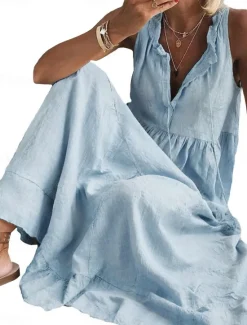 Discount Women's Maxi Dress Cotton Linen Dresses Basic Casual Vacation Daily Regular Fit Plain Sleeveless V Neck Pink Light Blue Summer Women Dresses