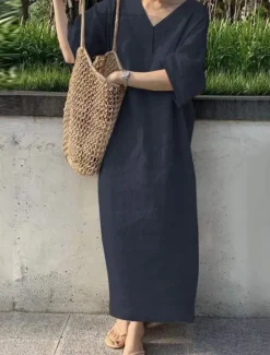 Sale Women's Maxi Dress Cotton Linen Dresses Casual Dress Basic Casual Vacation Daily Regular Fit Plain 3/4 Length Sleeve V Neck Red Khaki Army Green Dark Blue Summer Women Dresses