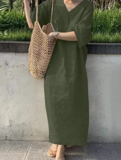 Sale Women's Maxi Dress Cotton Linen Dresses Casual Dress Basic Casual Vacation Daily Regular Fit Plain 3/4 Length Sleeve V Neck Red Khaki Army Green Dark Blue Summer Women Dresses