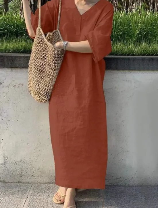 Sale Women's Maxi Dress Cotton Linen Dresses Casual Dress Basic Casual Vacation Daily Regular Fit Plain 3/4 Length Sleeve V Neck Red Khaki Army Green Dark Blue Summer Women Dresses