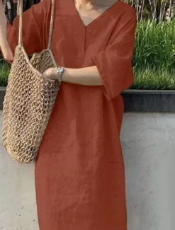 Sale Women's Maxi Dress Cotton Linen Dresses Casual Dress Basic Casual Vacation Daily Regular Fit Plain 3/4 Length Sleeve V Neck Red Khaki Army Green Dark Blue Summer Women Dresses