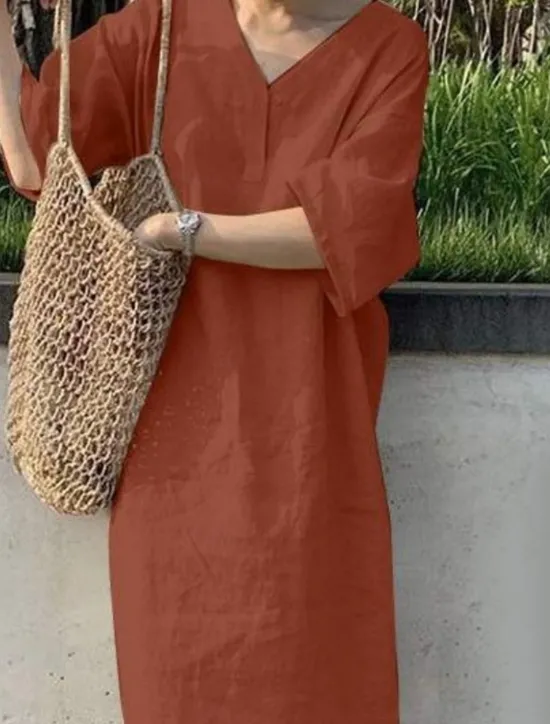 Sale Women's Maxi Dress Cotton Linen Dresses Casual Dress Basic Casual Vacation Daily Regular Fit Plain 3/4 Length Sleeve V Neck Red Khaki Army Green Dark Blue Summer Women Dresses