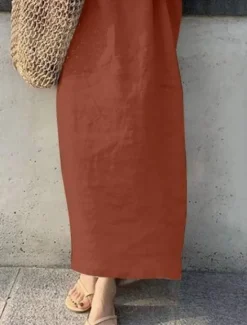 Sale Women's Maxi Dress Cotton Linen Dresses Casual Dress Basic Casual Vacation Daily Regular Fit Plain 3/4 Length Sleeve V Neck Red Khaki Army Green Dark Blue Summer Women Dresses