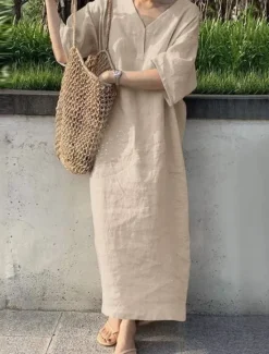 Sale Women's Maxi Dress Cotton Linen Dresses Casual Dress Basic Casual Vacation Daily Regular Fit Plain 3/4 Length Sleeve V Neck Red Khaki Army Green Dark Blue Summer Women Dresses
