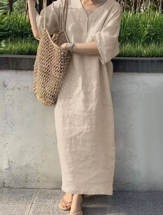 Sale Women's Maxi Dress Cotton Linen Dresses Casual Dress Basic Casual Vacation Daily Regular Fit Plain 3/4 Length Sleeve V Neck Red Khaki Army Green Dark Blue Summer Women Dresses