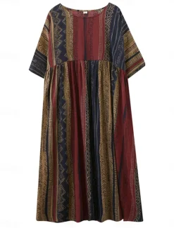 Online Women's Maxi Dress Cotton Linen Dresses Casual Dress Basic Casual Vacation Daily Regular Fit Graphic Short Sleeve Crew Neck Dark Brown Burgundy Summer Women Dresses