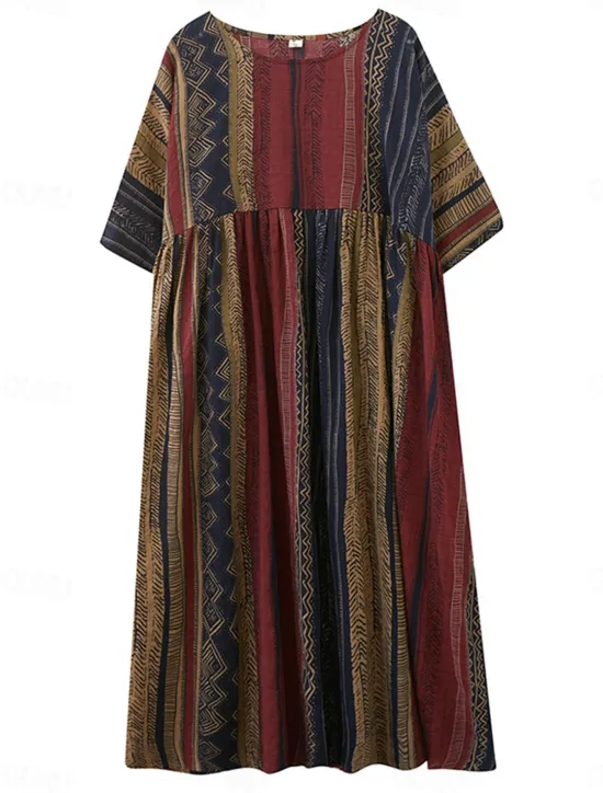 Online Women's Maxi Dress Cotton Linen Dresses Casual Dress Basic Casual Vacation Daily Regular Fit Graphic Short Sleeve Crew Neck Dark Brown Burgundy Summer Women Dresses
