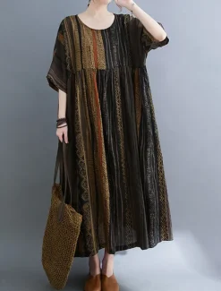 Online Women's Maxi Dress Cotton Linen Dresses Casual Dress Basic Casual Vacation Daily Regular Fit Graphic Short Sleeve Crew Neck Dark Brown Burgundy Summer Women Dresses