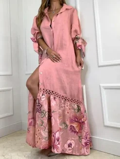 Best Women's Maxi Dress Cotton Linen Dresses Shirt Dress Casual Dress Casual Vacation Daily Regular Fit Floral 3/4 Length Sleeve Shirt Collar White Pink Sky Blue Purple Summer Women Dresses