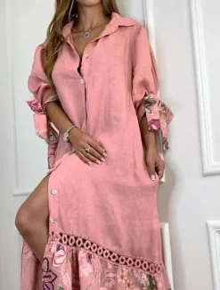 Best Women's Maxi Dress Cotton Linen Dresses Shirt Dress Casual Dress Casual Vacation Daily Regular Fit Floral 3/4 Length Sleeve Shirt Collar White Pink Sky Blue Purple Summer Women Dresses