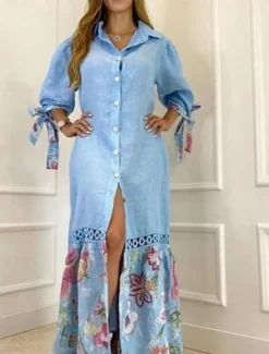 Best Women's Maxi Dress Cotton Linen Dresses Shirt Dress Casual Dress Casual Vacation Daily Regular Fit Floral 3/4 Length Sleeve Shirt Collar White Pink Sky Blue Purple Summer Women Dresses