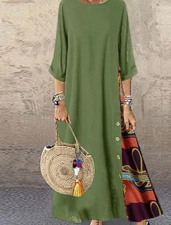 Hot Women's Maxi Dress Cotton Linen Dresses Casual Dress Vintage Stylish Ethnic Vacation Daily Loose Fit Floral 3/4 Length Sleeve Crew Neck Yellow Wine Khaki Army Green Spring Fall Women Dresses