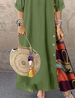 Hot Women's Maxi Dress Cotton Linen Dresses Casual Dress Vintage Stylish Ethnic Vacation Daily Loose Fit Floral 3/4 Length Sleeve Crew Neck Yellow Wine Khaki Army Green Spring Fall Women Dresses