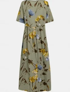 New Women's Maxi Dress Cotton Linen Dresses Casual Dress Swing Dress Cotton Maxi Dress Stylish Casual Vacation Daily Regular Fit Floral Short Sleeve Crew Neck Light Yellow Green Summer Women Dresses