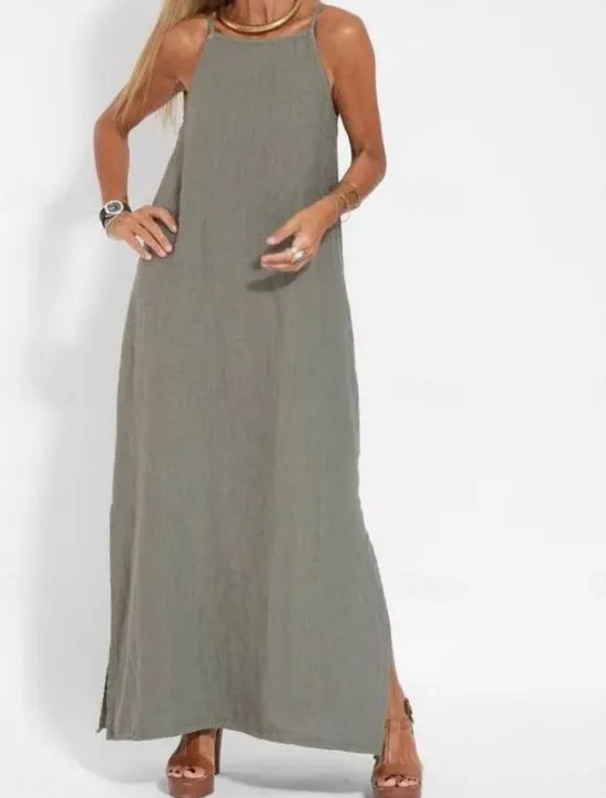 Sale Women's Maxi Dress Cotton Linen Dresses Casual Dress Slip Dress Basic Casual Vacation Daily Regular Fit Plain Sleeveless Strap White Army Green Summer Women Dresses