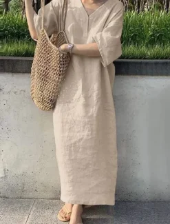 Online Women's Maxi Dress Cotton Linen Dresses Casual Dress Basic Casual Vacation Daily Date Regular Fit Plain Short Sleeve V Neck Khaki Army Green Dark Blue Gray Summer Women Dresses