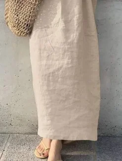 Online Women's Maxi Dress Cotton Linen Dresses Casual Dress Basic Casual Vacation Daily Date Regular Fit Plain Short Sleeve V Neck Khaki Army Green Dark Blue Gray Summer Women Dresses