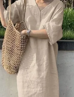 Online Women's Maxi Dress Cotton Linen Dresses Casual Dress Basic Casual Vacation Daily Date Regular Fit Plain Short Sleeve V Neck Khaki Army Green Dark Blue Gray Summer Women Dresses